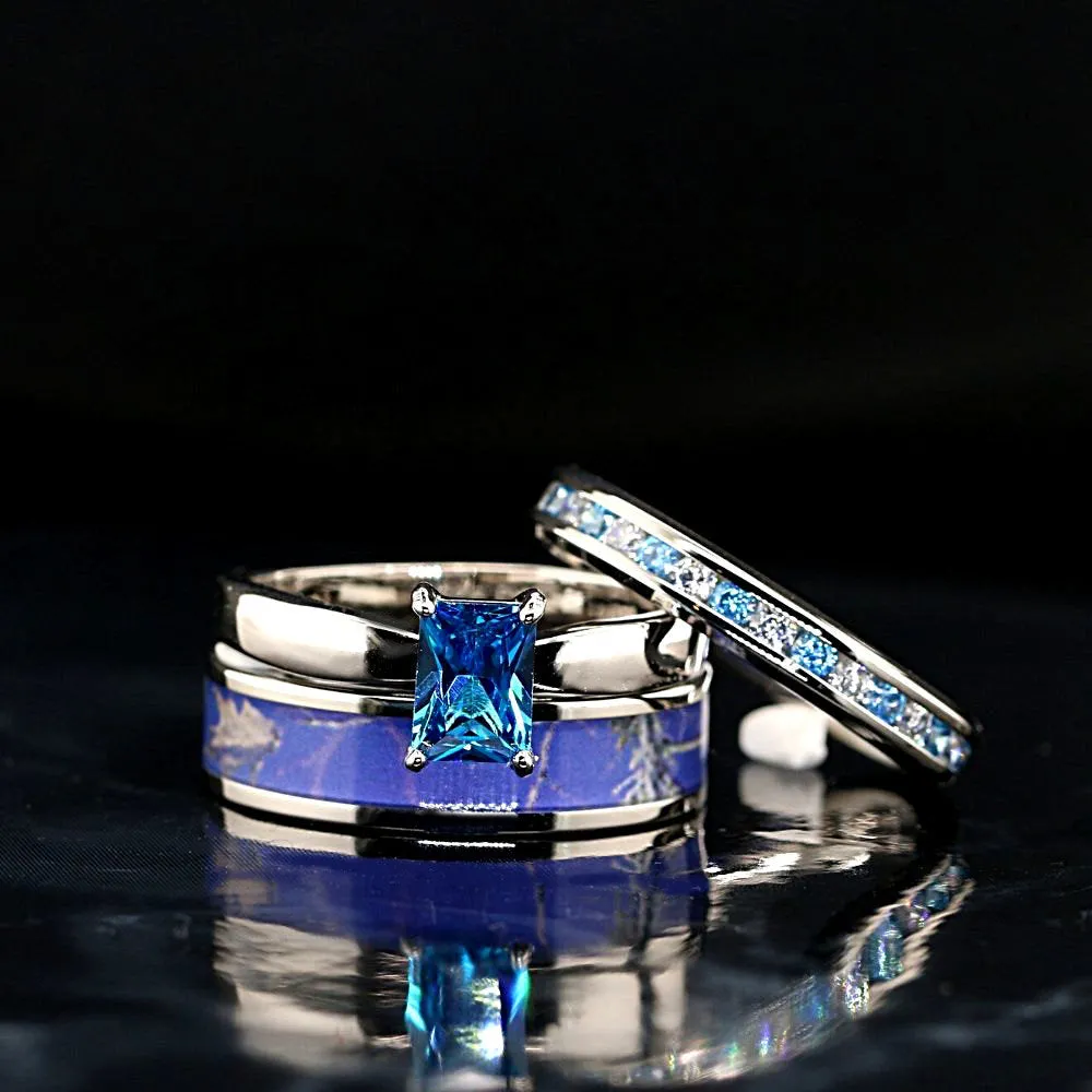 4pc Blue Camo Wedding Ring Set Sapphire Cubic Zirconia Engagement Ring Set