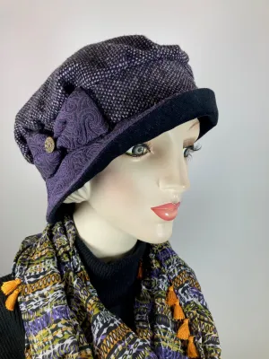 Downton Abbey Hat. Shabby chic Purple black Cloche Hat. Stylish fabric Winter bucket hat. Womens Travel Hat. Great Gatsby Hat.