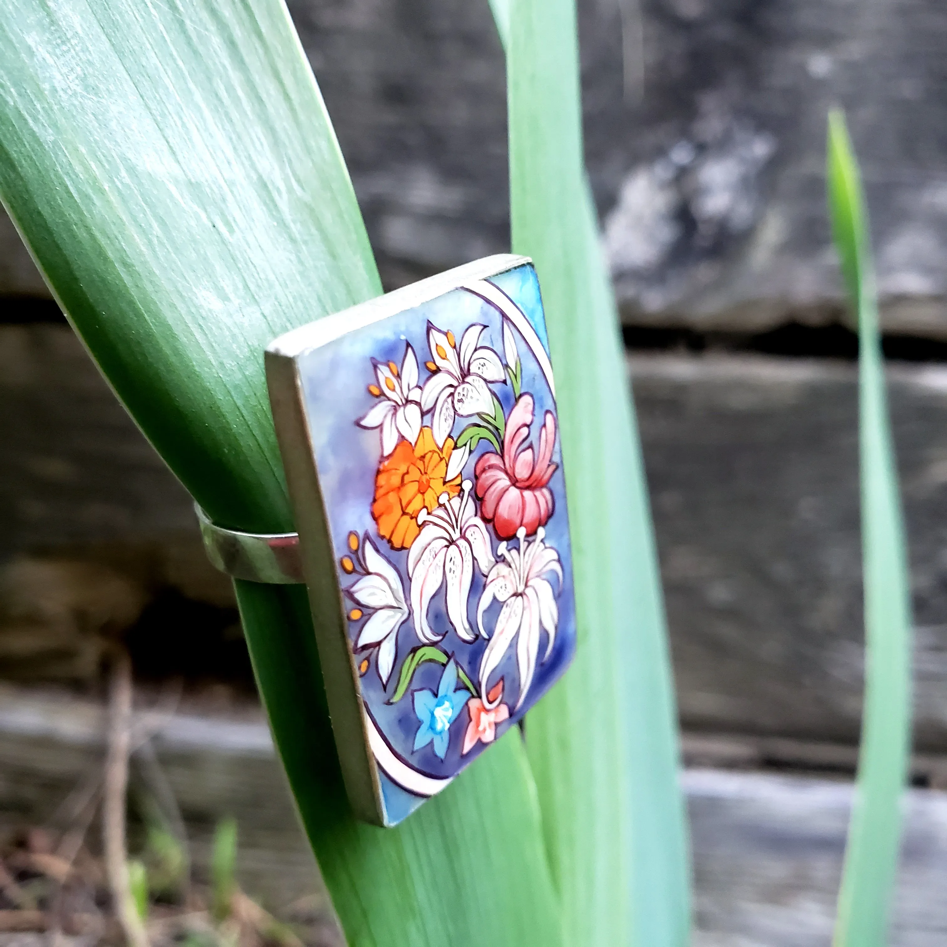 Flower Ring Hand Painted Mother-of-Pearl Sterling Silver