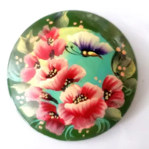 Hand Painted Russian Brooch with Ped Poppies and Butterfly