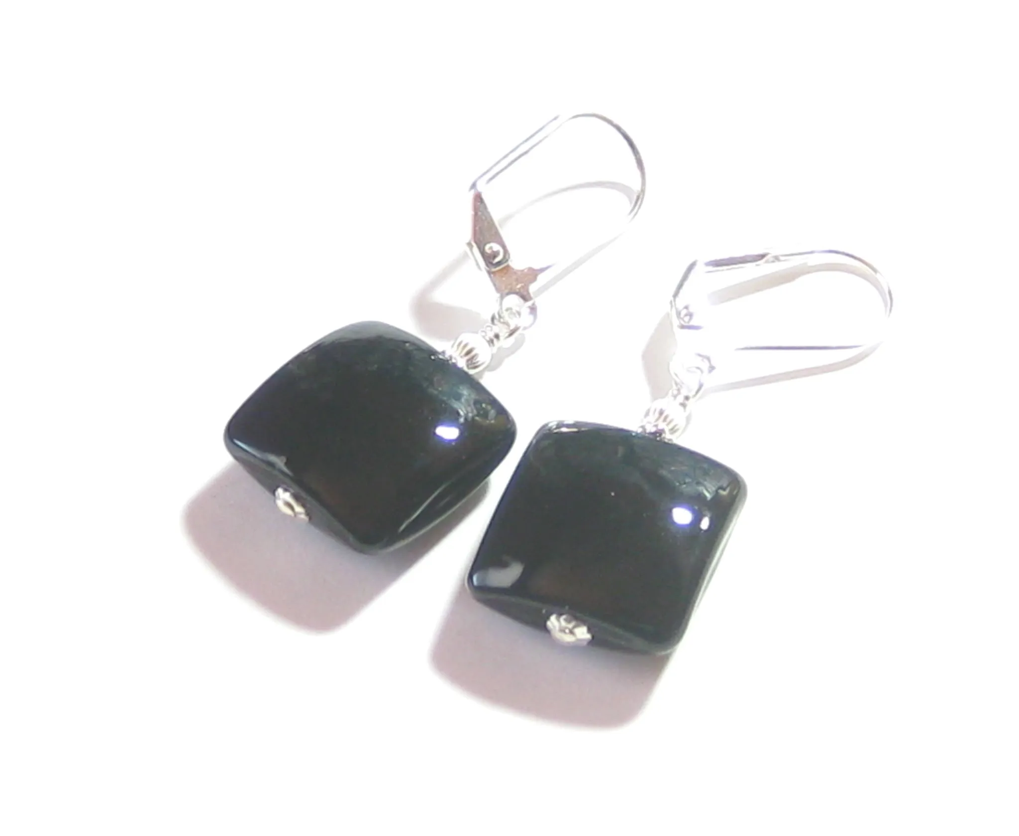 Murano Glass Black Square Dangle Silver Earrings, Italian Glass Jewelry