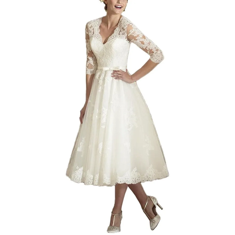 sd-hk Women's Elegant Sheer Vintage Short Lace Wedding Dress for Bride