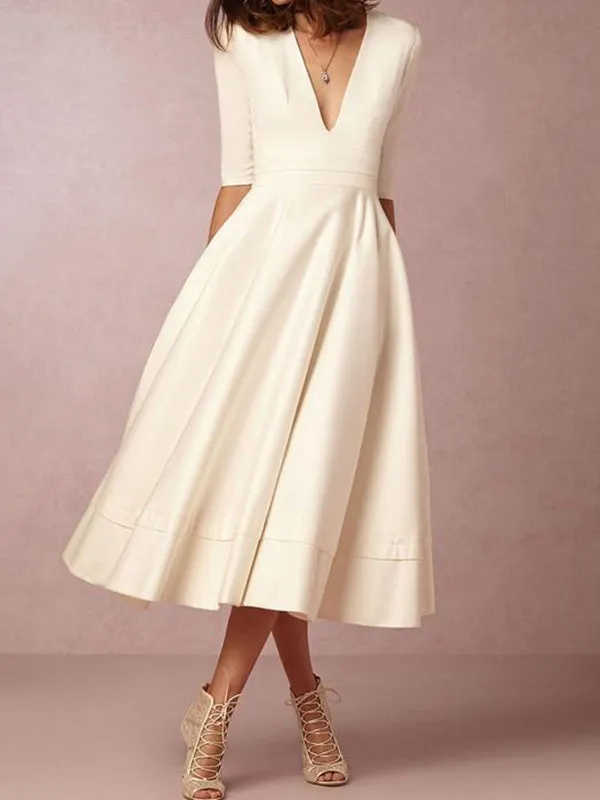 Sexy Deep V-Neck Solid Midi Skater Dress