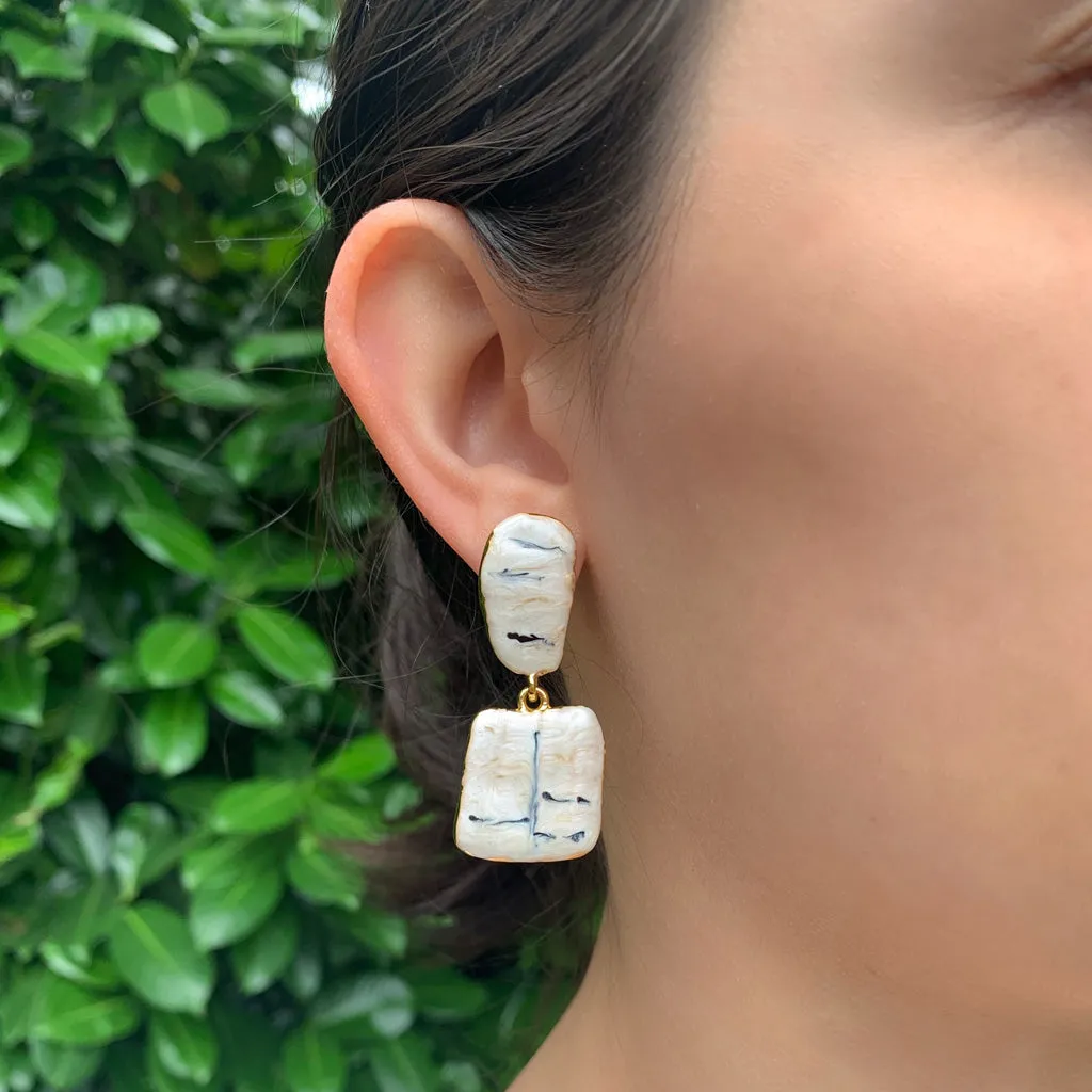 Square Shell Drop  Earring Beige