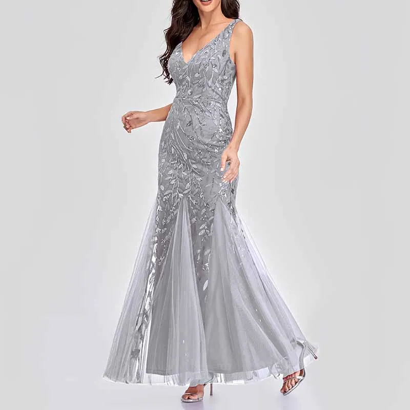 Women's Double V-Neck Sleeveless Mermaid Dress Evening Maxi Dress