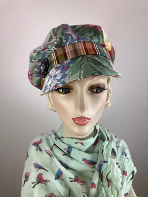 Womens Vintage floral bark Cloth Newsboy hat. Ladies Summer Newsboy Visor Cap. Soft Travel Fabric Sustainable fashion apple paperboy hat.